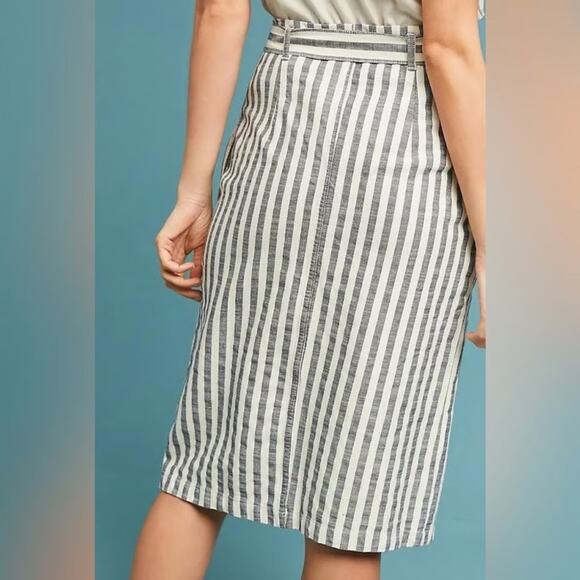 By Anthropologie White Navy Blue Striped Wrap Pencil Midi Skirt SZ 4 - Picture 2 of 10